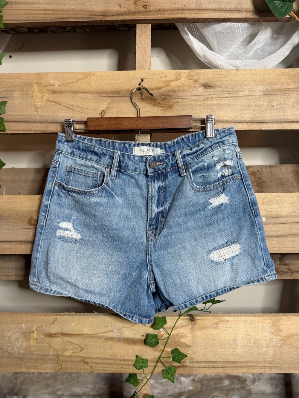 Hidden Light Blue Distressed Denim Shorts - Casual Mid-Rise